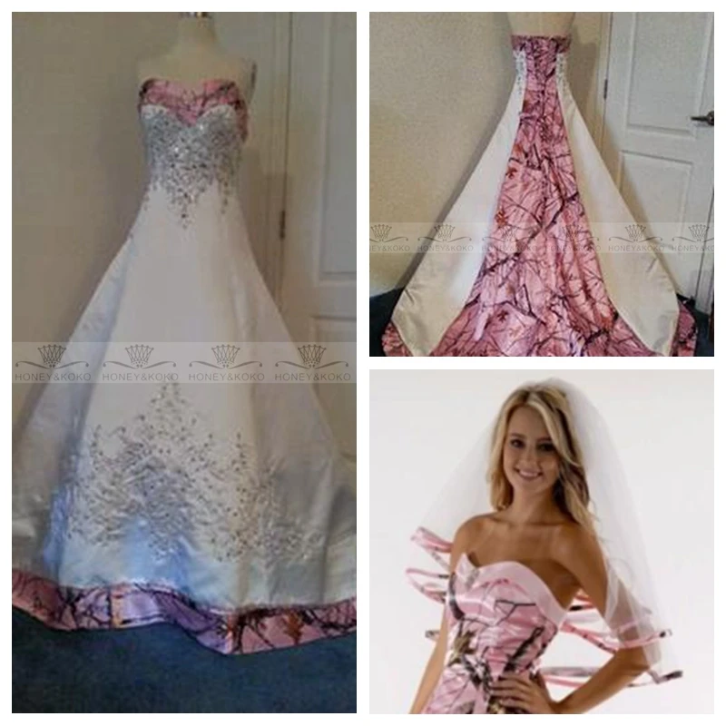 2019 New Fashion With Veil Pink Camo A Line Wedding Dress