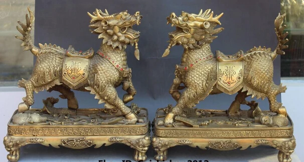 

007493 14"Chinese Bronze 8 Immortals Adder Kylin Qilin Unicorn Chi-lin Statue Base Pair
