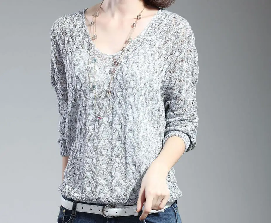 Вязание V-LED Корейского женская одежда Длинные рукава свитер свободный рукав «летучая мышь» вязать Резервное Hollow Твист - Цвет: light gray