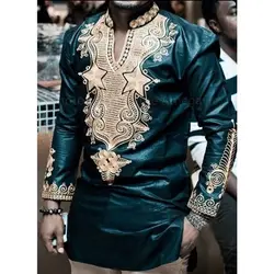 Роскошные Дашики для мужчин платье Африканский костюмы рубашки для мальчиков с длинным рукавом Riche принтом V образным вырезом стенд воротни