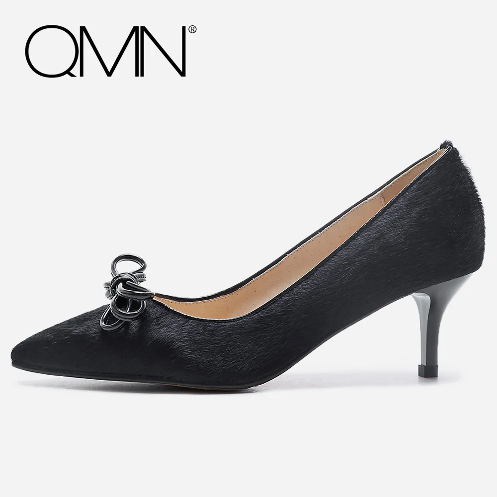 

QMN women genuine leather basic pumps Women Bow-embellished Horsehair Pointed Toe Slip On Shoes Woman Heels Scarpin Size 34-39