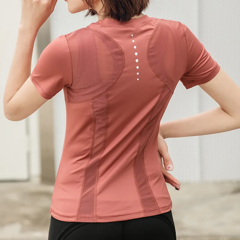 Женская спортивная быстросохнущая футболка с коротким рукавом для фитнеса, занятий спортом, бега, занятий спортом, одноцветная футболка с круглым воротником, сетчатая рубашка для йоги