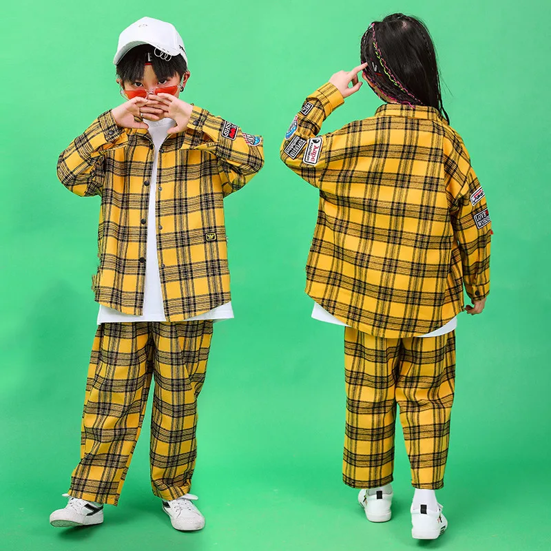 2019 New Children Hip-hop Street Dance Performance Costume Autumn Boys Girls Loose Jazz Dance Show Yellow Plaid Shirt Pants Set (17)