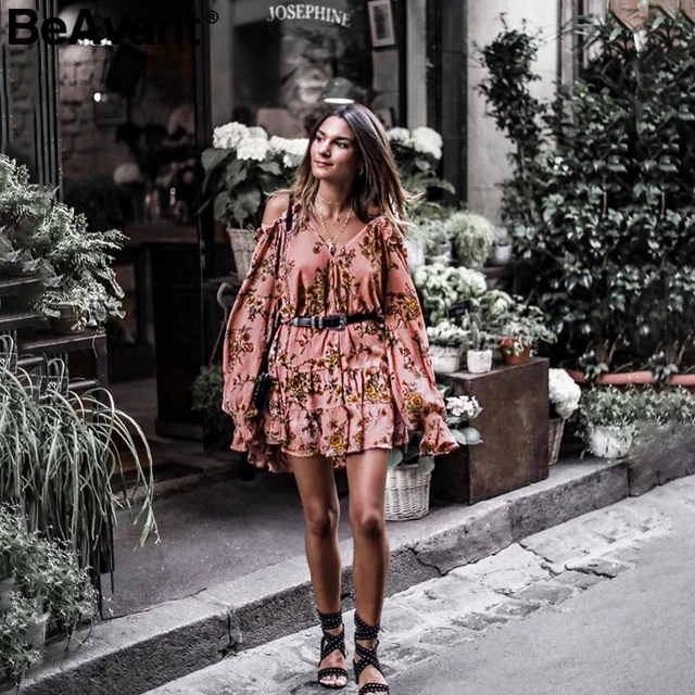 BeAvant Sexy cold shoulder boho midi dress Women ruffle floral print summer dress 2018 Chic pleated high waist beach dress femme 1
