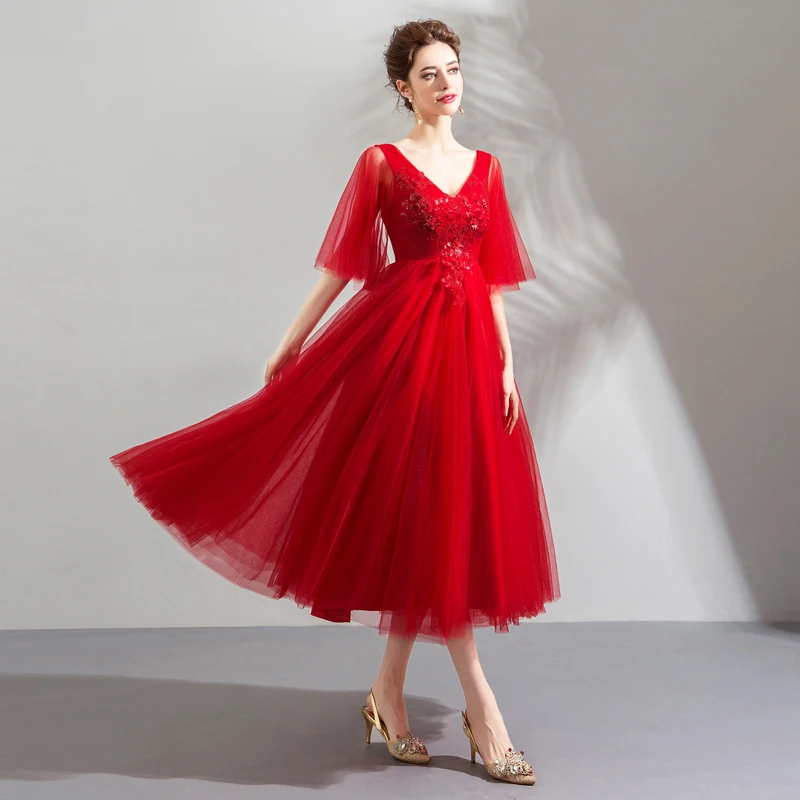 

V-neck Prom Dress Crystal Sequins Shining Tea Length Party Dresses Embroidery Appliques Sleeveless Lace Up Formal Prom Gown E210