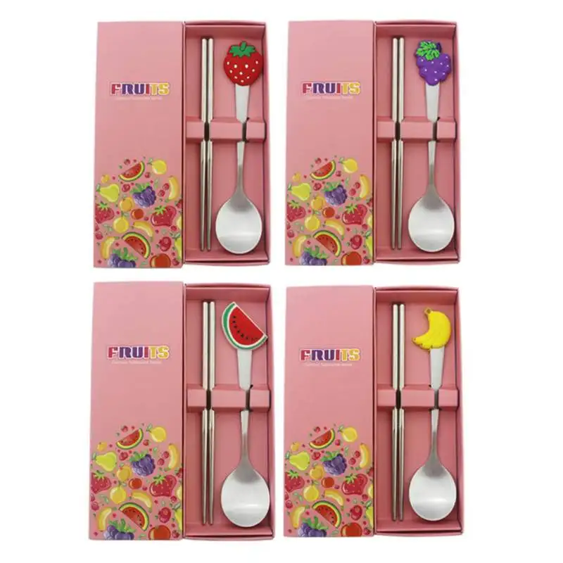 

Cute Safety Random Fruit Pattern Dinner Set Spoon And Chopsticks Kitchen Dinnerware Stainless Steel Home Party Tableware Set