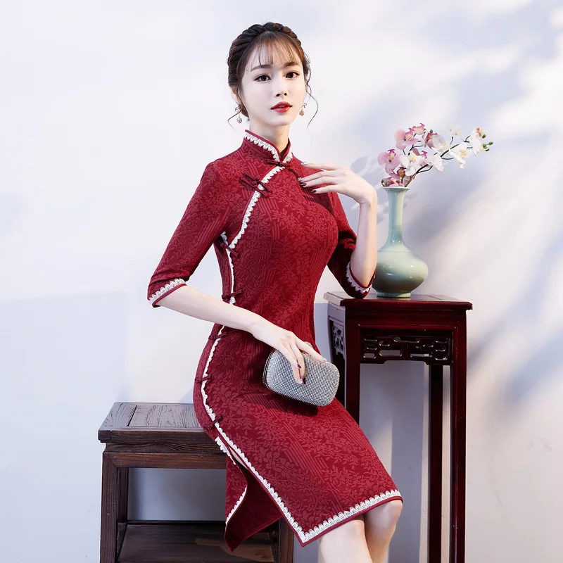 Longitud Collar Señoras Parte Chino S Borgoña La Cheongsam Vestido 2019 Qipao Slim Mandarín Mujer De xxxl Rodilla Estilo YzrYAwq