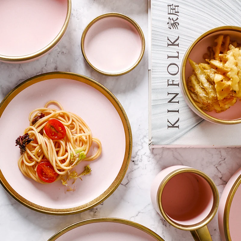 1pcs European Style Matte Powder Gold Ceramic Western Tableware Rice Dish cup Steak Dish Western Dessert Plate Nordic Style