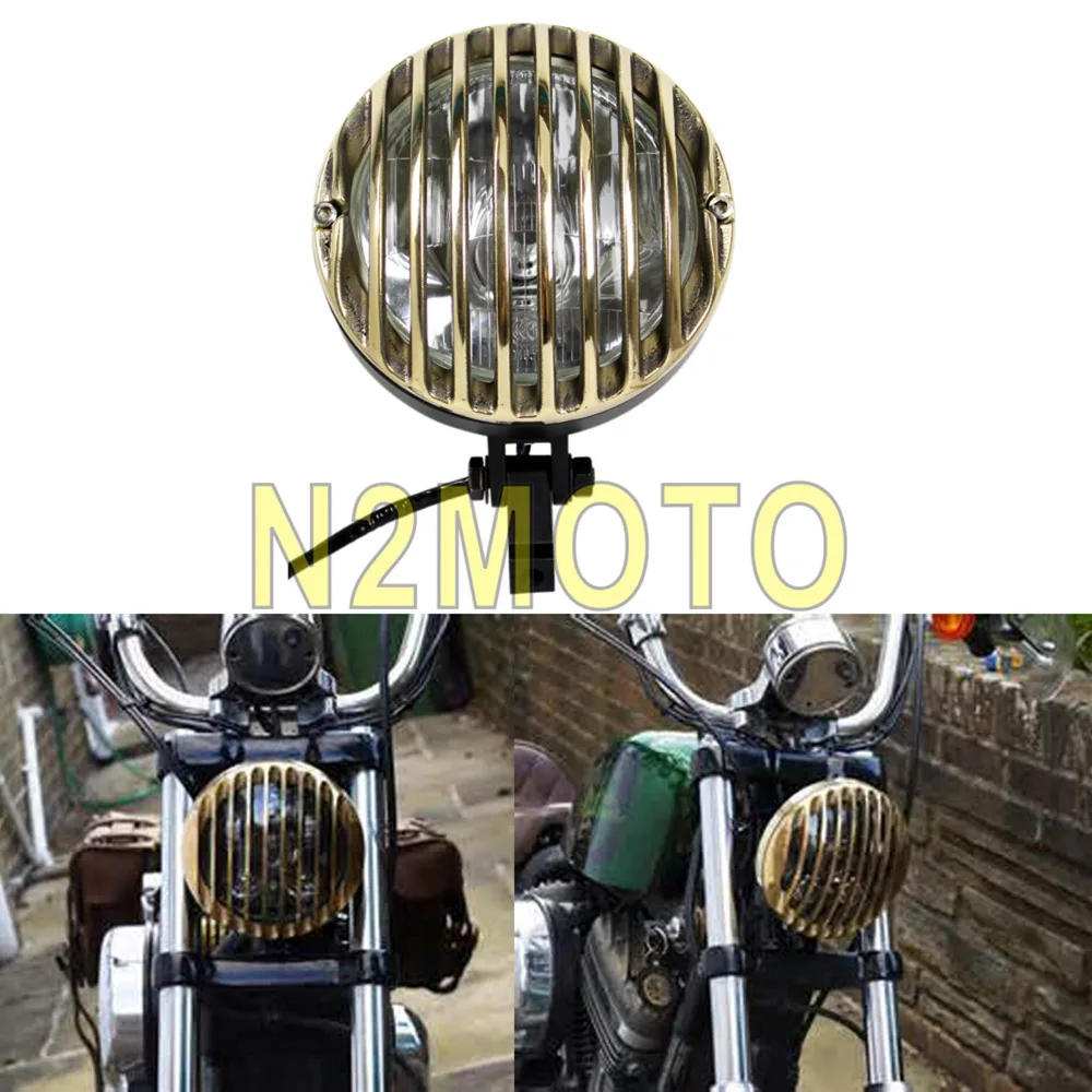 

Motorcycle Headlight 6.5" Rodder Headlamp Finned Grilled Brass & Black For Harley Tri XS650 Bobber Chopper
