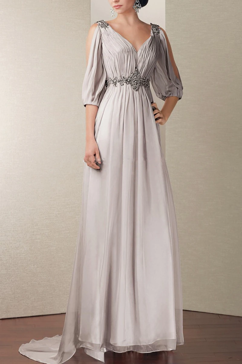 

New Arrival 2014 Beaded Waist Chiffon Brides Mother Dresses For Wedding Pleat Long Mother of the Bride Dresses With Sleeves 2014