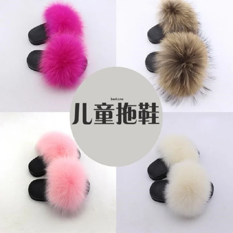 

01fwlbl Kids Winter Child Home Slides Girl Flop Flips Raccoon Fluffy Cute Flats Beach Summer Children Boys Indoor