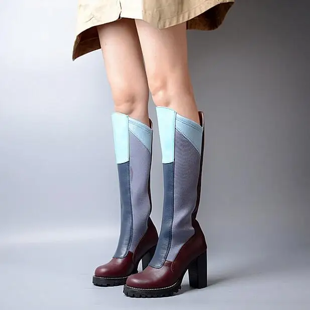 Patchwork Round Toe Knee-High Slip-On Thick high heel stretch boots designer Color mixing Women long shoes Free shipping | Обувь