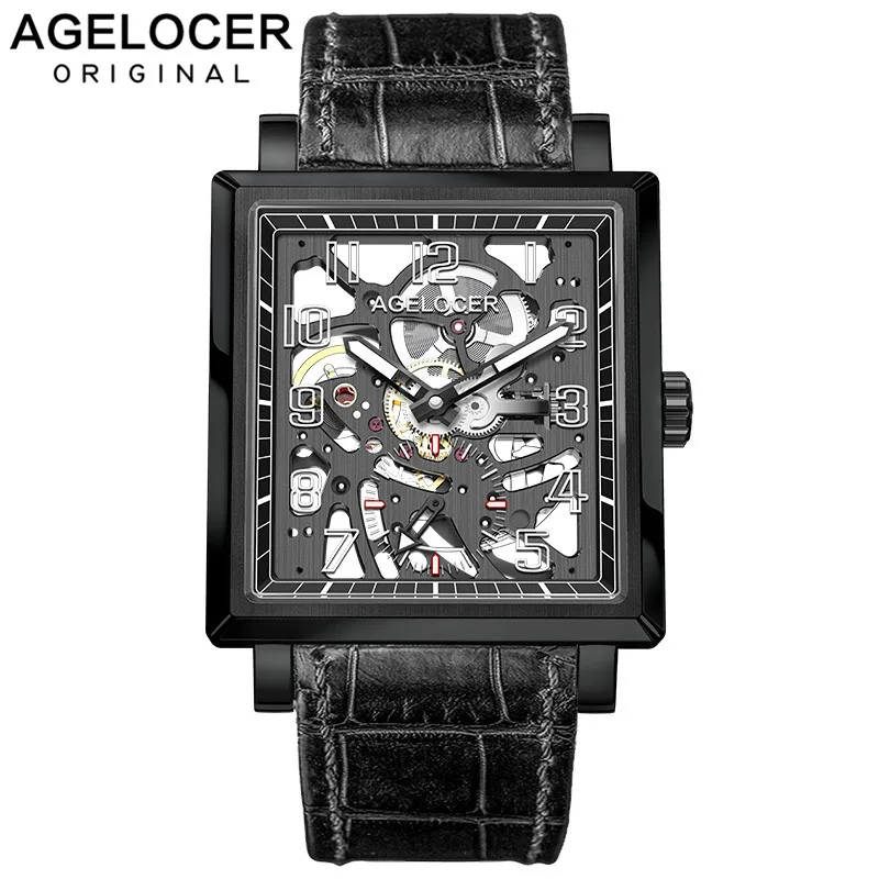 

AGELOCER Black Luminous Swiss Fashion Analog Display Mens Mechanical Skeleton Wrist Watches Top Brand Luxury Clock Power Reserve