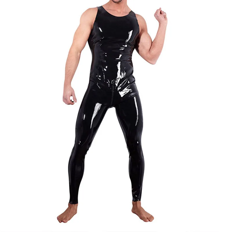 Men Pvc Leather Latex Catsuit Bodysuit Black Shiny Erotic Sleeveless