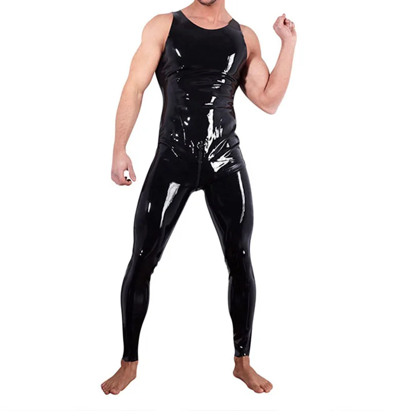 Men PVC Leather Latex Catsuit Bodysuit Black Shiny Erotic Sleeveless