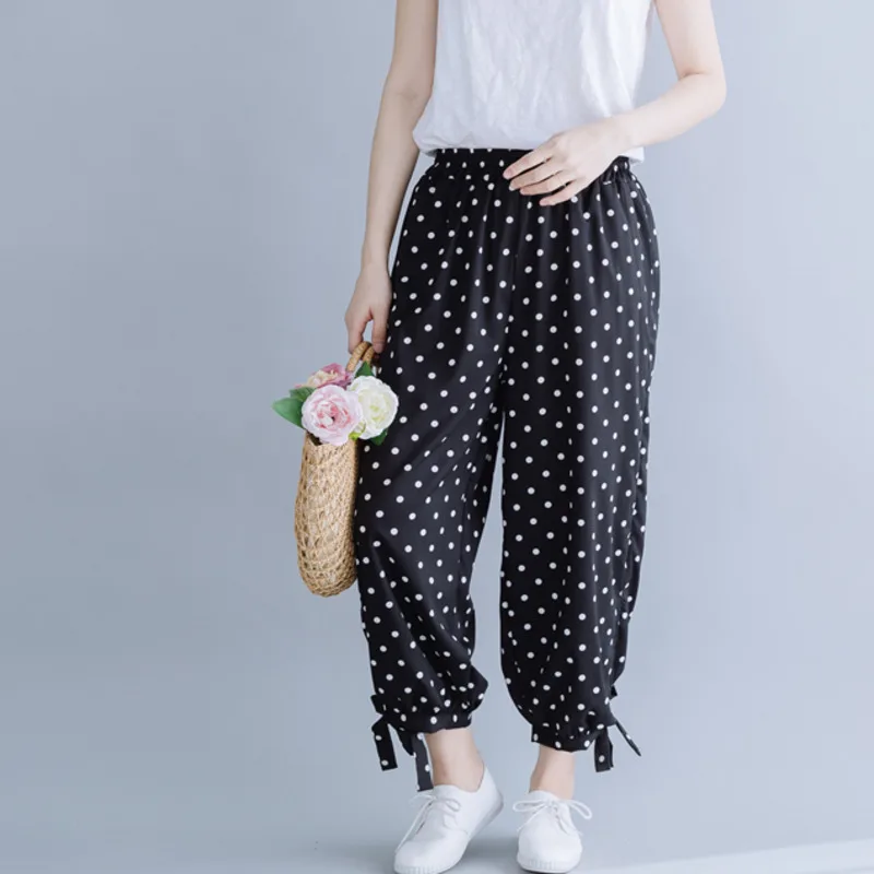 #0638 White Polka Dot Printed Black Bloomers Harem Pants Women Elastic Waist Trousers Casual Thin Ankle-length Korean Fashion #0638 White Polka Dot Printed Black Bloomers Harem Pants Women Elastic Waist Trousers Casual Thin Ankle-length Korean Fashion