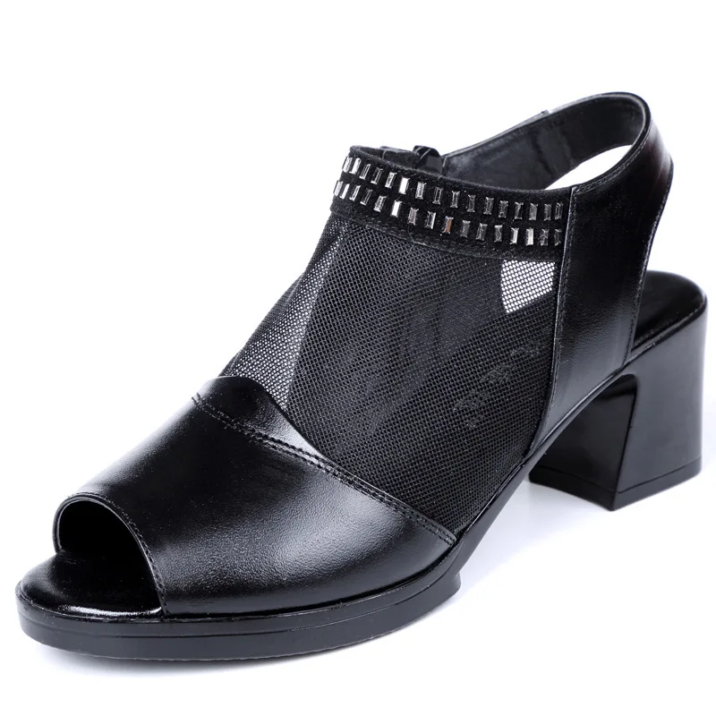 

Genuine Leather Women Sandals 2019 Summer Mid Heel Shoes Woman Cut-out Open Toe Sandals Female Square Heel Shoes Ladies Footwear