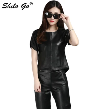 

Leather Blouse Womens Autumn Fashion sheepskin genuine leather blouse Sequined short sleeve sexy concise zipper blouse