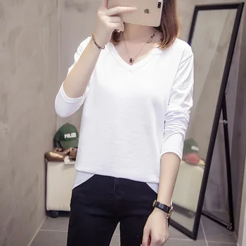 

Autumn Clothing V Lead Long Sleeve Bamboo Joint Cotton Women Casual T Shirts