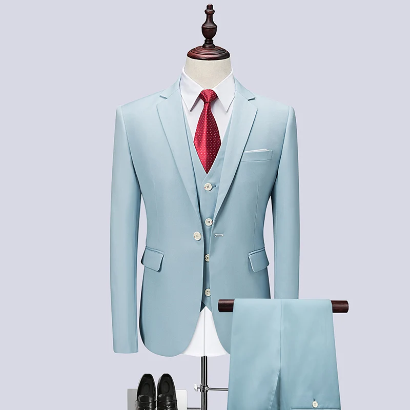 

2019 blue Suits Men Formal slim fit Prom Blazer Marriage Tuxedo 3 Piece Jacket+Pants+vest Terno wedding mens suit