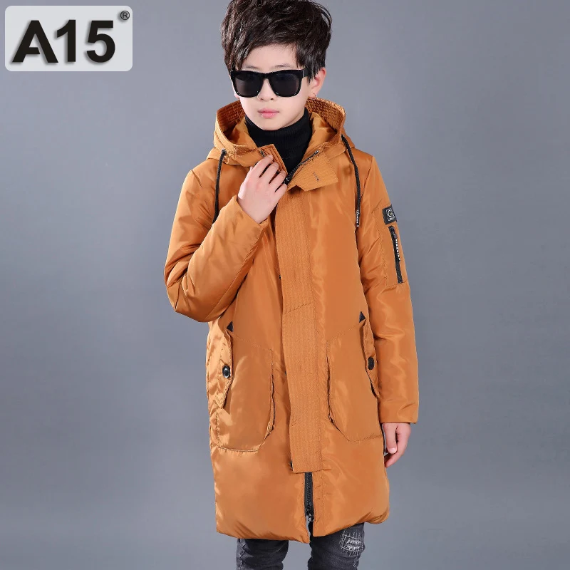 Длинная куртка-пуховик с капюшоном для мальчиков 8, 10, 12, 14, 16 лет, зимнее пальто для больших мальчиков, зимние куртки для детей-подростков, детские пальто, A15