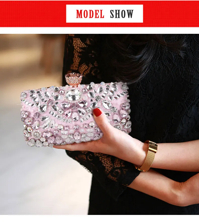 Luxy Moon Pink Sparkly Crystal Clutch Bag Model  Display