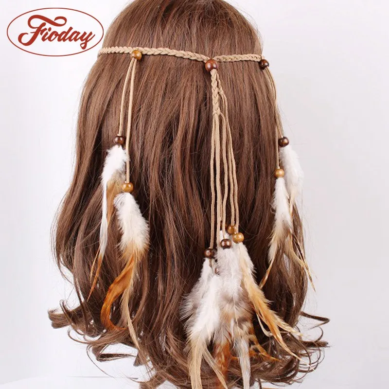 

New Bohemia style Headband Women Peacock Feather Headdress Headband Braid Hair Hoop Headband Lead Rope Women Hair Accessories