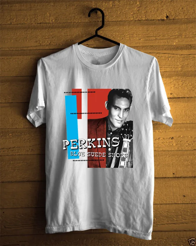 Novelty T Shirts Design Crew Neck Carl Perkins Blue Suede White Short-Sleeve For Men | Мужская одежда