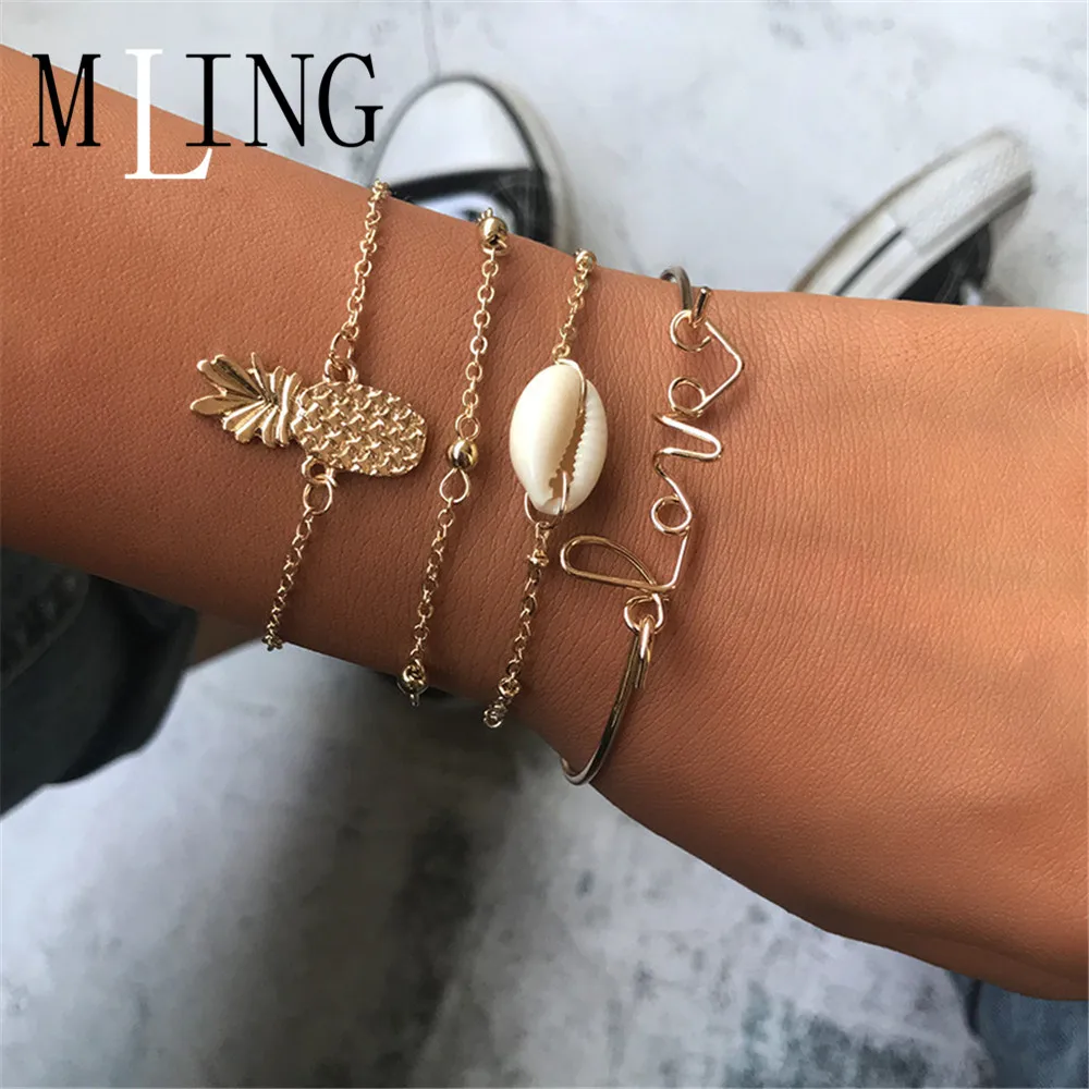 

MLING 4 Pcs/Set Vintage Shell Pineapple Love Letter Bracelt For Women Gold Charm Bracelet Fashion Jewelry Gifts