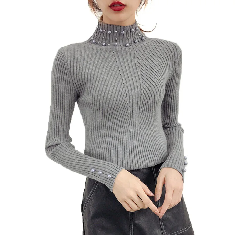 

Half Turtleneck Sweater New Style Pearl Beading Embroidered Bottoming Pullover Sweater Women Invierno Mujer Knitted Sweater DD10