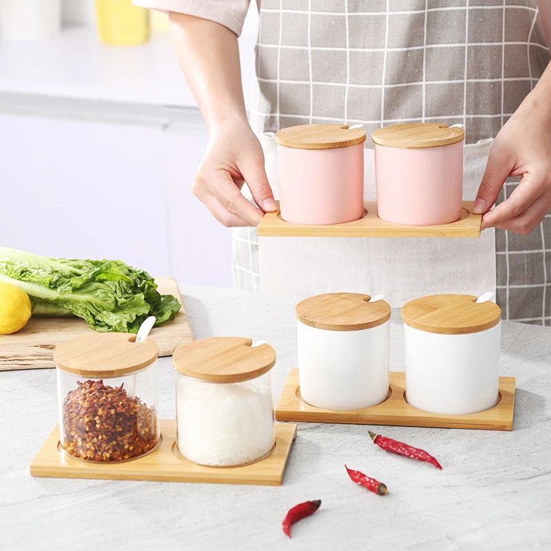 

Natural Style Sugar Bowl Home Kitchen 2 In 1 Set Ceramica Salt Condiment Pot Jars With 2 Spoons