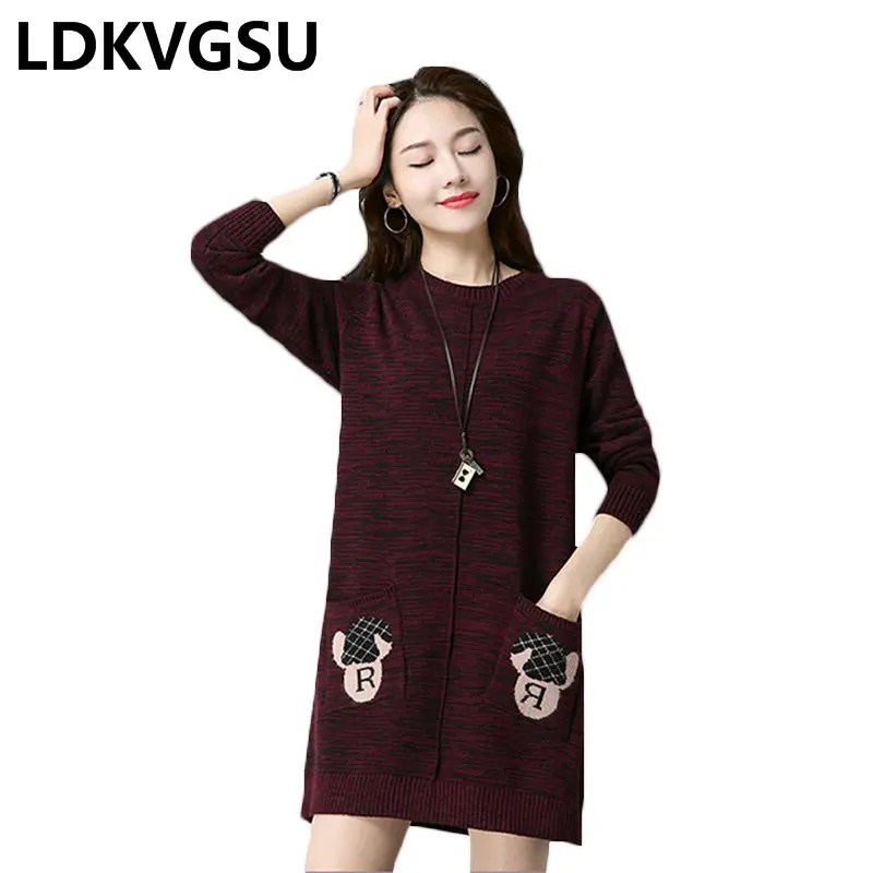 2018 New Spring Autumn Wave Sweater Dress Women Korean Knitted Pullover Loose Plus Size Long Sleeve Print Bottoming Shirt Is1082 | Женская