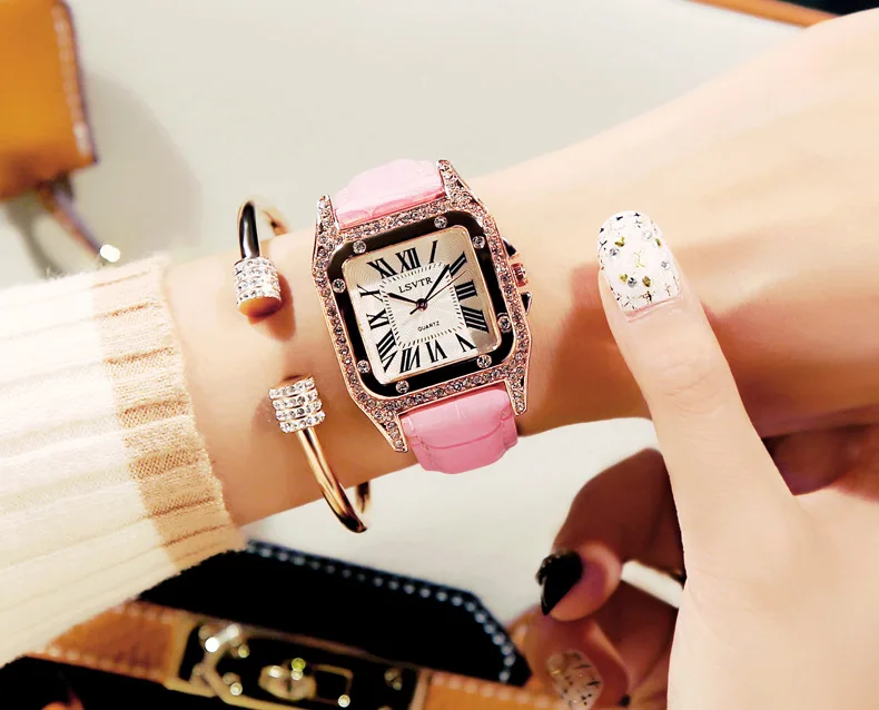 Женские квадратные наручные часы с бриллиантами для женского платья, кварцевые часы с кристаллами, кожаные часы с ремешком-браслетом женские часы Reloj Mujer