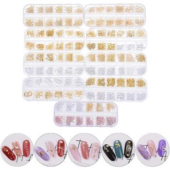 

12 Types 3D Nail Art DIY Decorations Nails Gold Silver Manicure Nail Ornament Jewelry Beauty Glitter Nails Charms Metal
