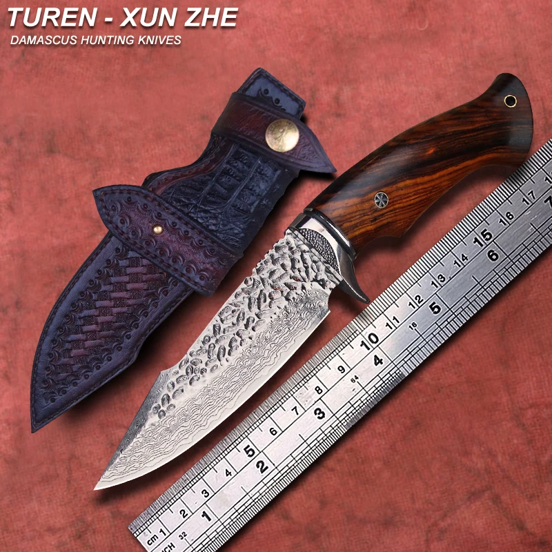 TUREN-Xun Zhe 60 HRC ручной работы дамасский охотничий прямой нож из розового