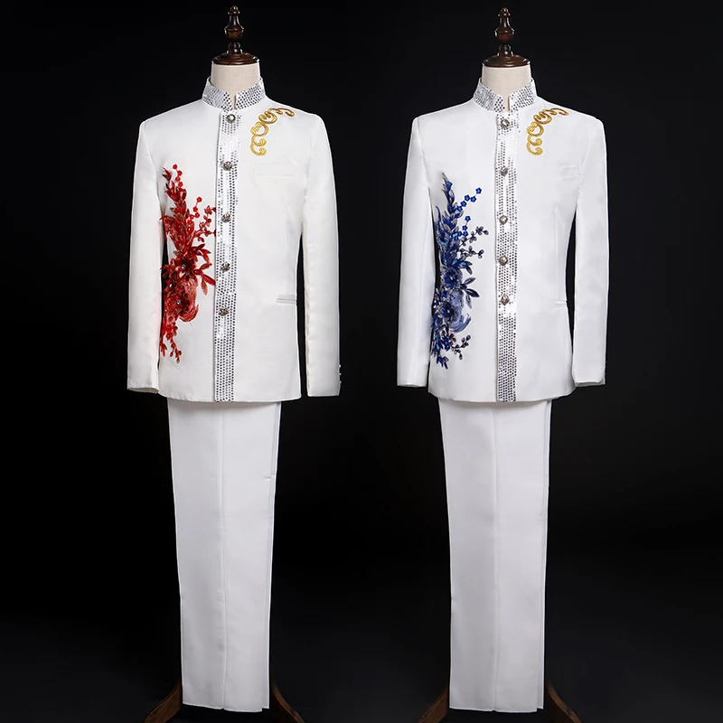 

New Design Fahsion Mens Business Suit Groom Chorus Suit Chorus Performance Stage Dress Suits Male Embroidery Two Piece Set Suits