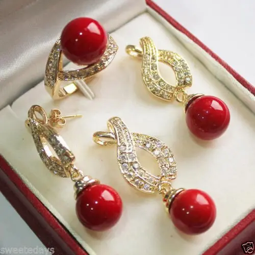 

Charming 12mm Red Shell Pearl Pendant Necklace Earrings Ring Set 5.23 5.23
