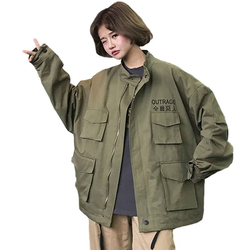 

New Hot Women Embroidery Army Green Jacket Unisex Oversized Denim Jacket Stand Collar Jacket Ladies Loose Casual Tooling Jacket