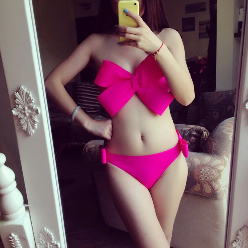 

2017 Hot Sale Women Sexy Swim Wear Solid Swimwear Bikini Big Bow Bandeau Beach Wear Halter Swimsuit Push Up Bathing Suit 2506004