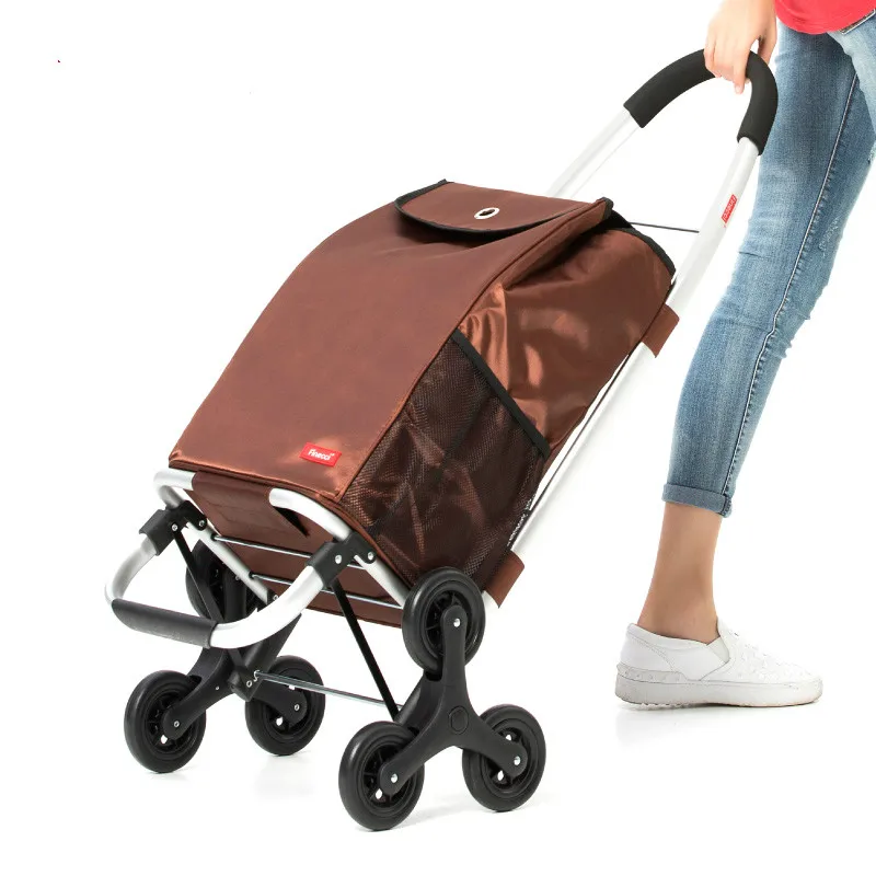 

Aluminum Alloy Foldable Shopping Cart Six Wheels Climbing Trolly With High Quality Waterproof Shopping Bag Supermarket Trolley