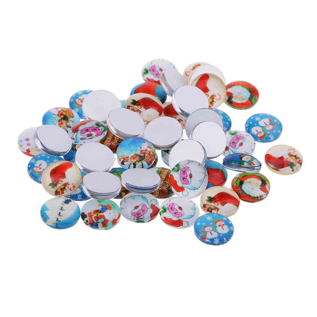 50x Christmas Theme Half Round Flat Back Glass Cabochons 10mm Jewelry Making