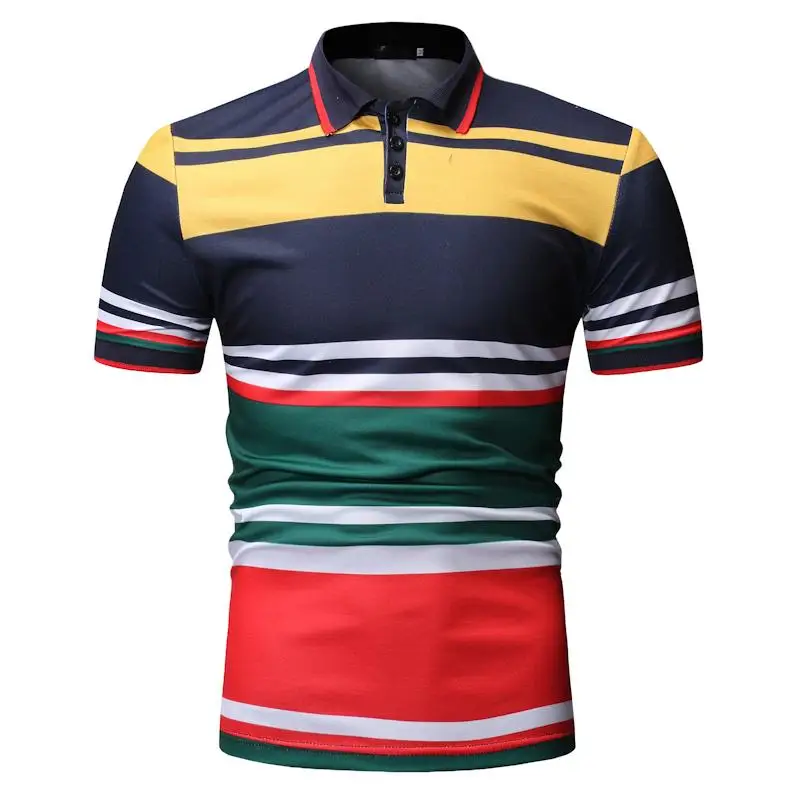 Полосатая Мужская рубашка поло, темно-синяя черная Мужская одежда, топы, деловые повседневные футболки, рубашка поло, мужская рубашка с отворотами, короткий рукав, Новинка