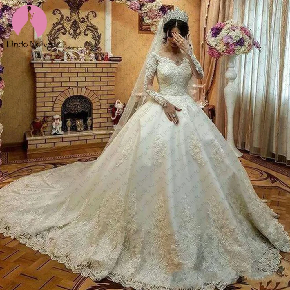 Роскошное кружевное свадебное платье с длинными рукавами, 2019 бальное платье с круглым вырезом, свадебное платье, Vestido De Noiva Boda, свадебное