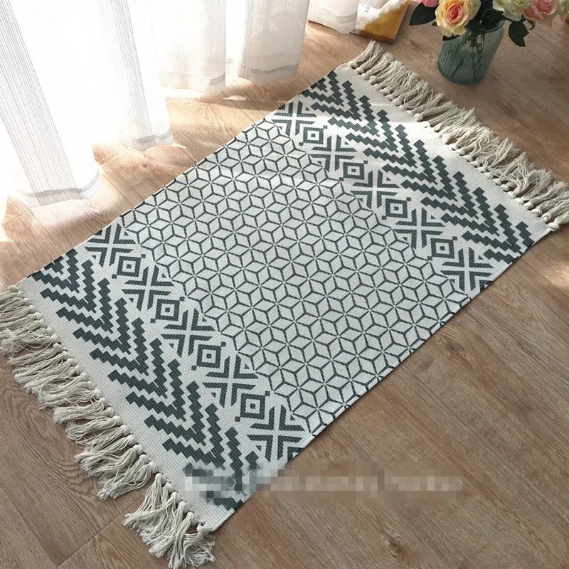 Хлопковый льняной черно-белый коврик для двери с кисточками, нордические ковры, домашний коврик Dywan для гостиной, спальни, детской комнаты, декоративный домашний ковер Bubu