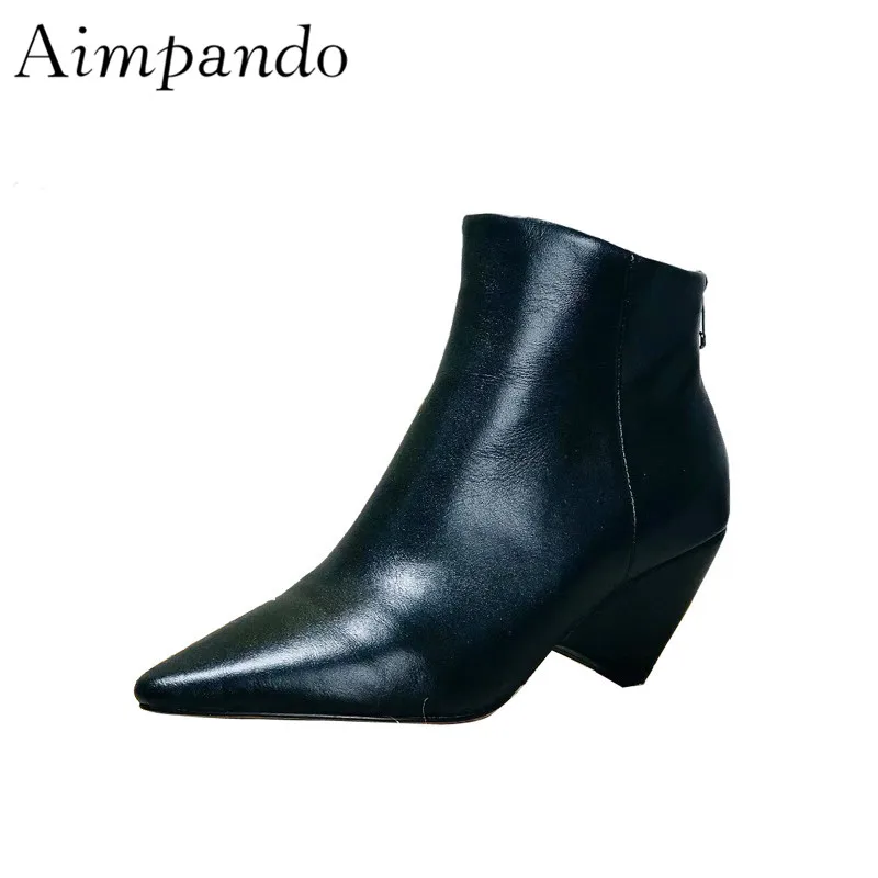 

Shoes Woman New Arrival Ankle Boots Point Toe Back Zip Black Leather White Spike Thick Heel Short Booties