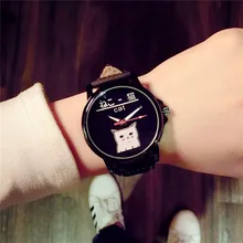 Cute Cartoon Japan Black White Cat Leather Wrist Watch Wristwatches for Women Girls Students OP001