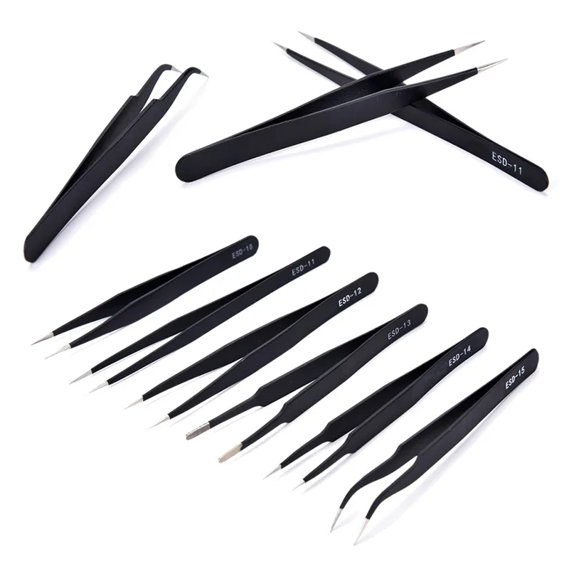 

6X Stainless Steel Anti-static Tweezers Maintenance High Quality Hand Sewing Tools Sets Black Color