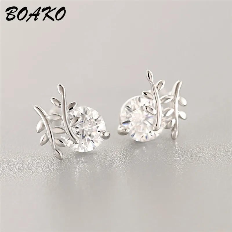 

BOAKO 925 Sterling Silver Leaves Stud Earrings for Women Fashion Jewelry Boho Leaf Clear CZ Crystal Earrings Boucle d'oreille