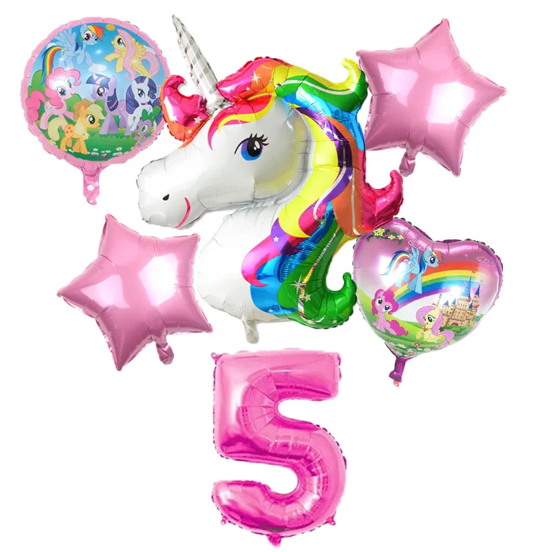 6Pcs Birthday Party Decor Kids Unicorn Balloons My Little horse Party Supplies Balloons 32 inch Number Helium Digital Baloon Set