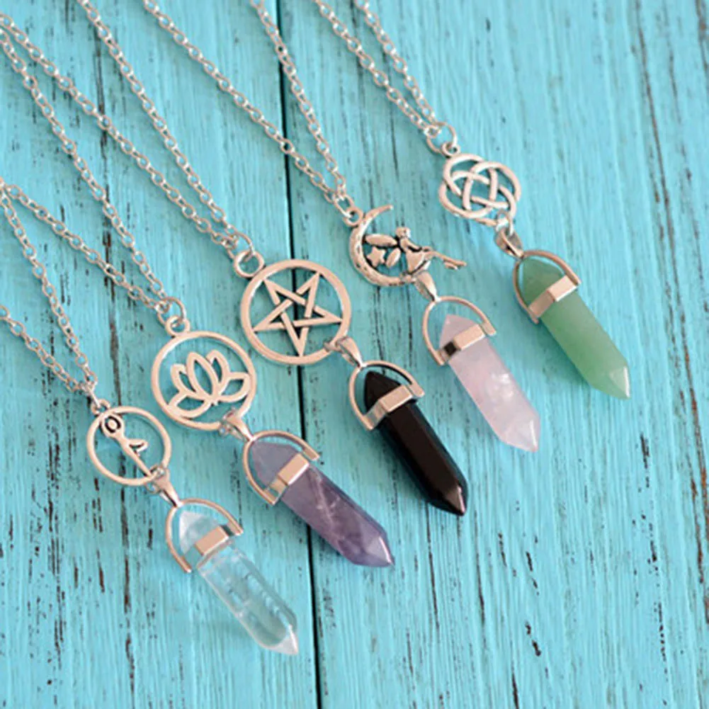 

Hexagonal Column Natural Crystal little fairy Bullet pendentif amethyste Stone Pendant Leather Chains Necklace For Women